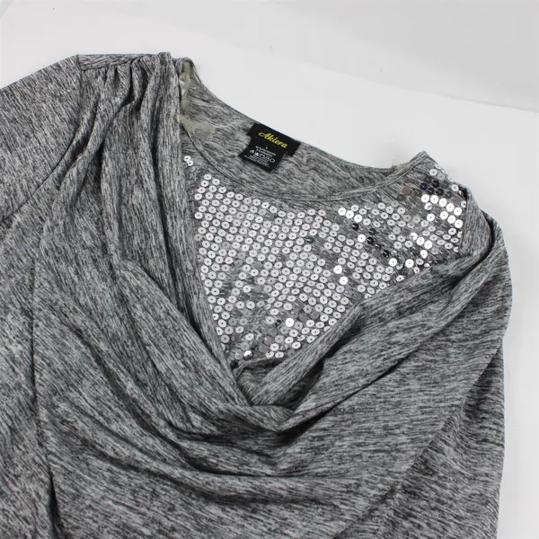 Akieva Gray Sequin 3/4-Sleeved Cowl Neck Faux Layered Top Women's Large
