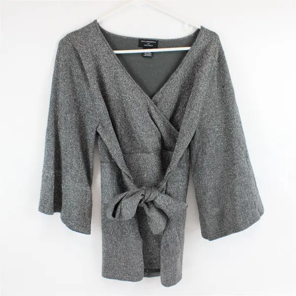 Philosophy by Republic Gray Sparkly V-Neck 3/4 Sleeve Front Tie Top Womens L