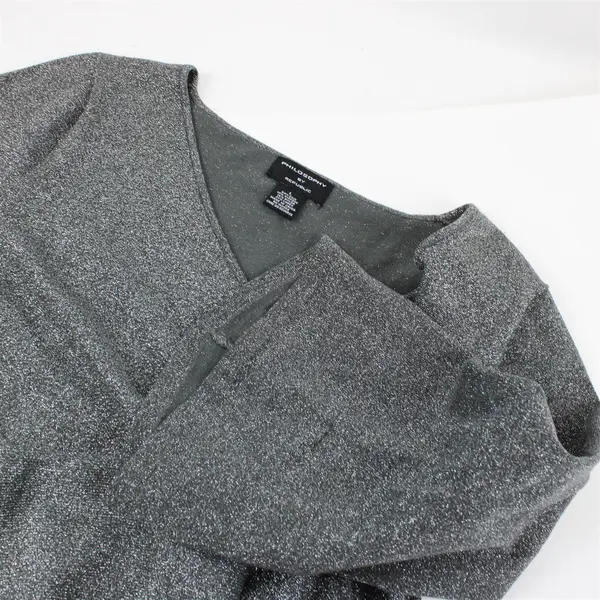 Philosophy by Republic Gray Sparkly V-Neck 3/4 Sleeve Front Tie Top Womens L