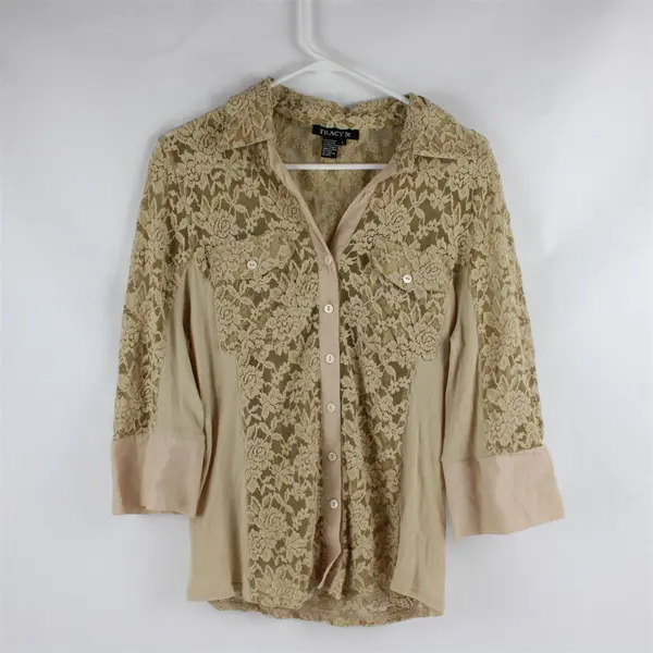 Vintage Tracy M. Beige Nude Lace 3/4-Sleeve Button-Up Women's Large