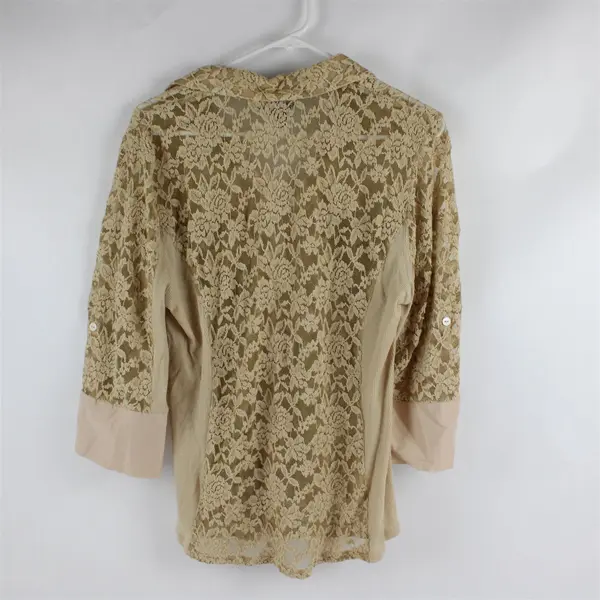 Vintage Tracy M. Beige Nude Lace 3/4-Sleeve Button-Up Women's Large