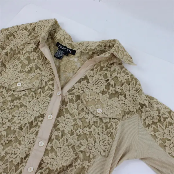 Vintage Tracy M. Beige Nude Lace 3/4-Sleeve Button-Up Women's Large