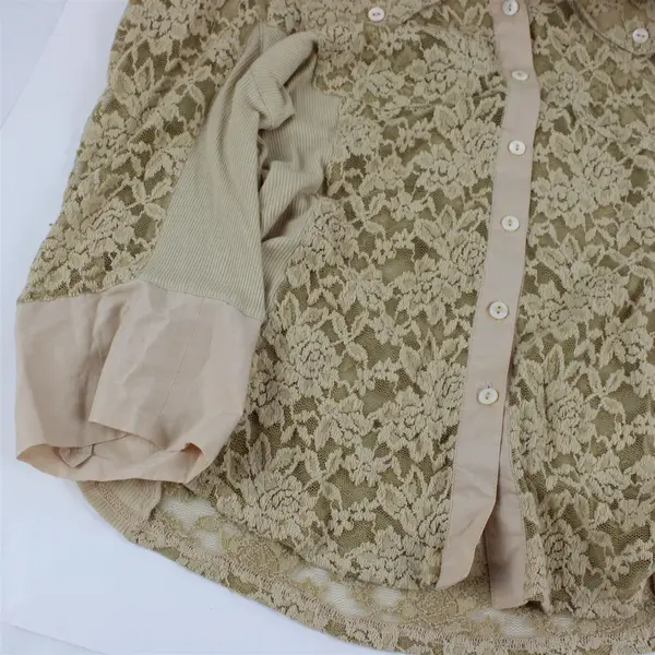 Vintage Tracy M. Beige Nude Lace 3/4-Sleeve Button-Up Women's Large
