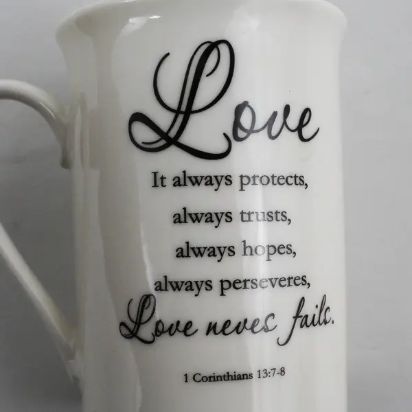 Kent Pottery Coffee Cup LOVE 1 Corinthians 13:7-8 Scripture Mug Tea