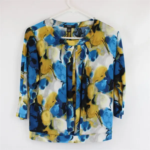 Alfani Women's P/P Petite Petite Blue Yellow 3/4 Sleeve Pleated Top