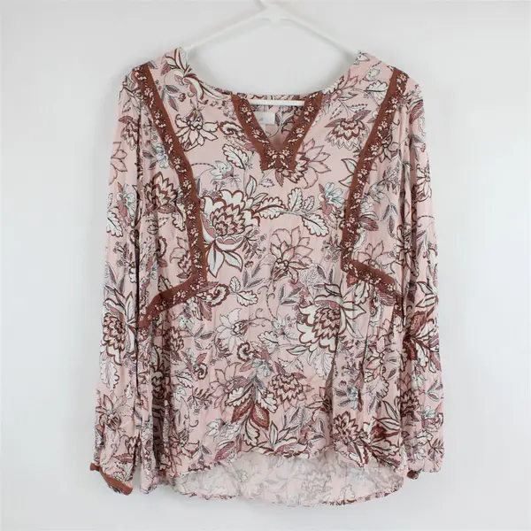 J. Jill Pink and Brown Floral Pattern Long-Sleeved V-Neck Top Women's Medium