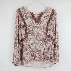 J. Jill Pink and Brown Floral Pattern Long-Sleeved V-Neck Top Women's Medium