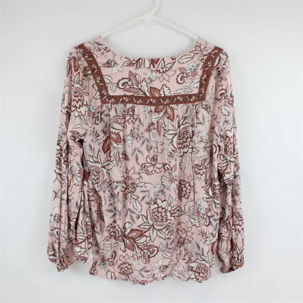 J. Jill Pink and Brown Floral Pattern Long-Sleeved V-Neck Top Women's Medium