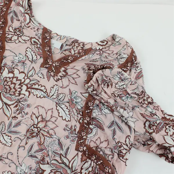 J. Jill Pink and Brown Floral Pattern Long-Sleeved V-Neck Top Women's Medium
