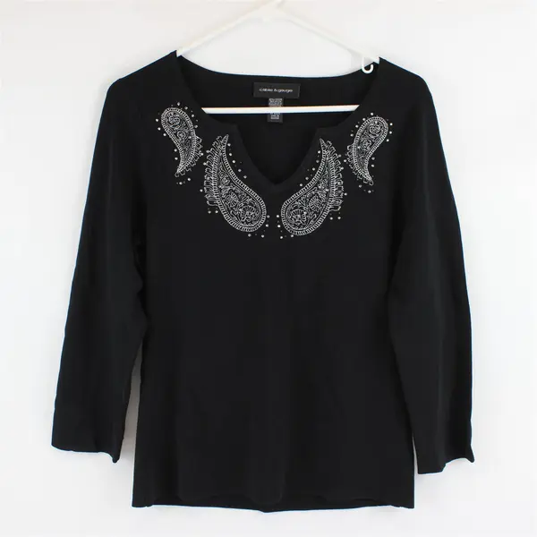 Cable & Gauge Paisley Embroidered Beaded Bedazzled Black Top Women's Large