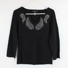 Cable & Gauge Paisley Embroidered Beaded Bedazzled Black Top Women's Large