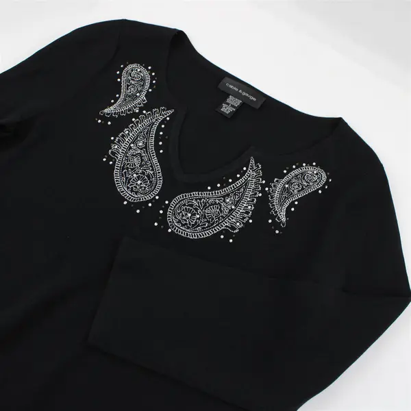 Cable & Gauge Paisley Embroidered Beaded Bedazzled Black Top Women's Large