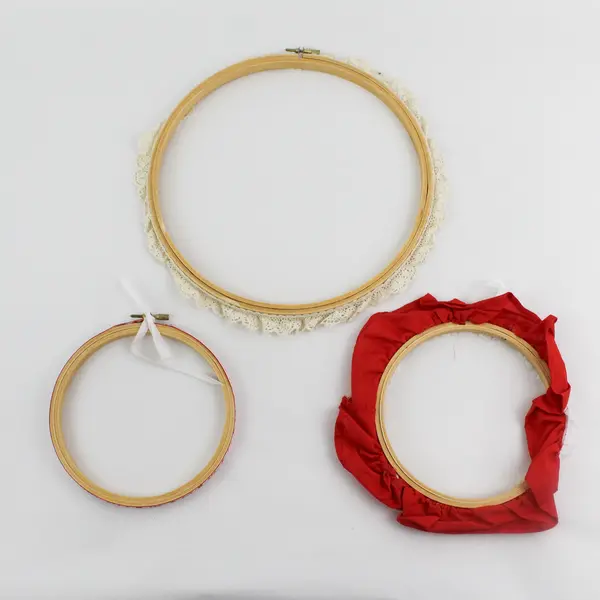 Lot of 3 Wood Embroidery Hoops Lace Ribbon Trim Assorted Sizes