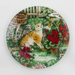 Cat in Garden Fabric Decoupage Glass Plate 6-3/4"