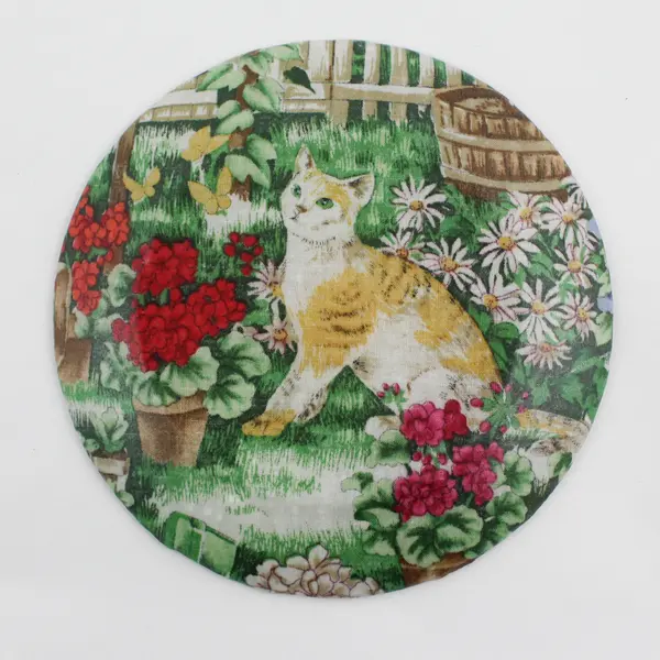 Cat in Garden Fabric Decoupage Glass Plate 6-3/4"
