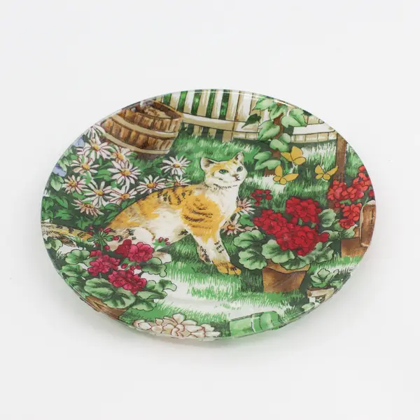 Cat in Garden Fabric Decoupage Glass Plate 6-3/4"
