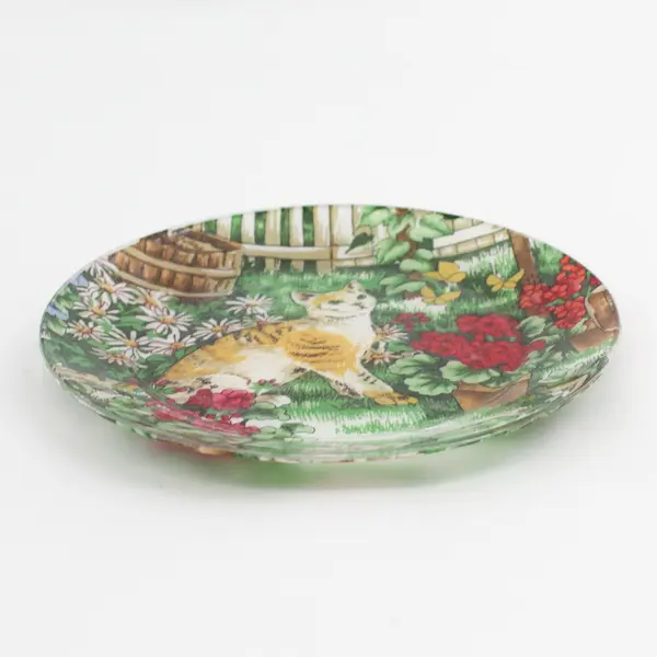 Cat in Garden Fabric Decoupage Glass Plate 6-3/4"