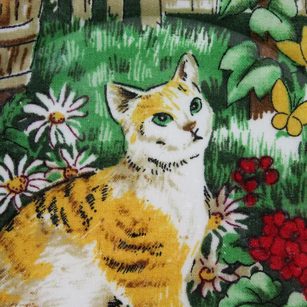 Cat in Garden Fabric Decoupage Glass Plate 6-3/4"