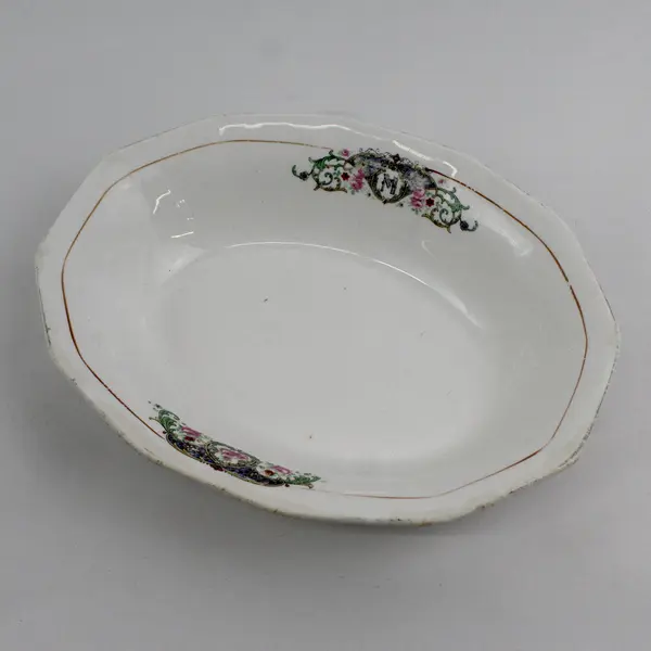 Vintage Saxon M Monogram Floral Detail Oval White Ceramic Bowl 9-1/4" - Flawed