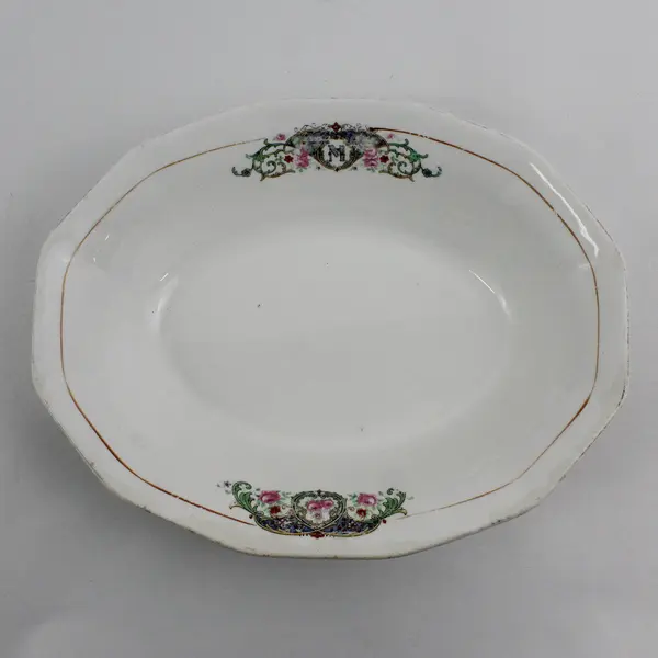 Vintage Saxon M Monogram Floral Detail Oval White Ceramic Bowl 9-1/4" - Flawed