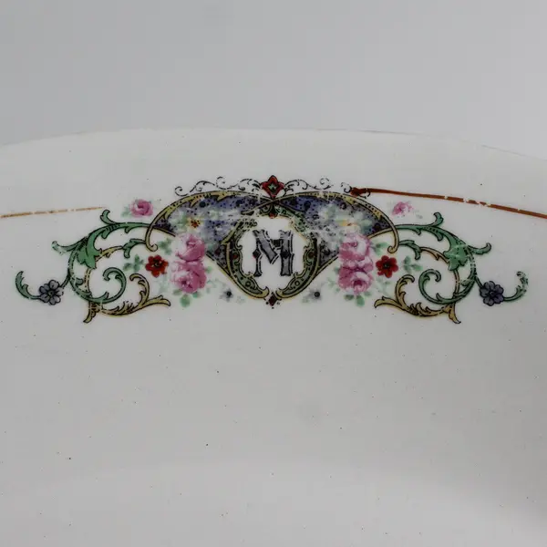 Vintage Saxon M Monogram Floral Detail Oval White Ceramic Bowl 9-1/4" - Flawed