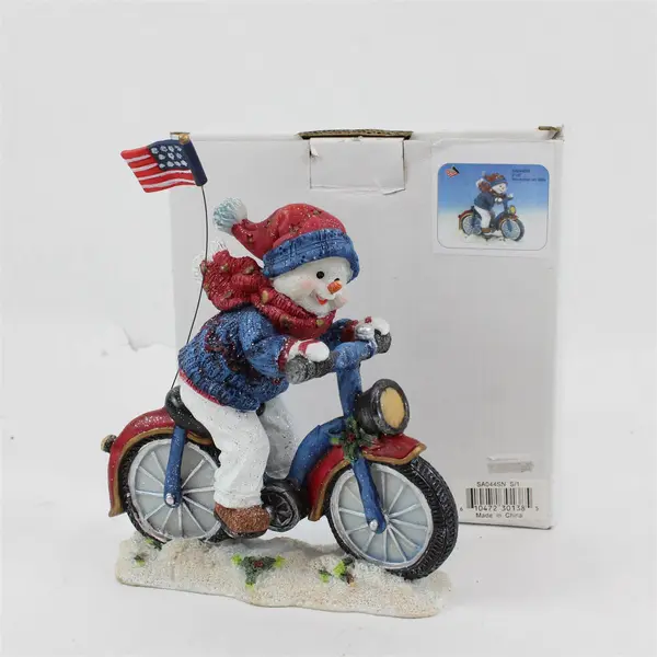 Encore Snowbuddies Snowman on Bicycle w/American Flag Holiday Figurine