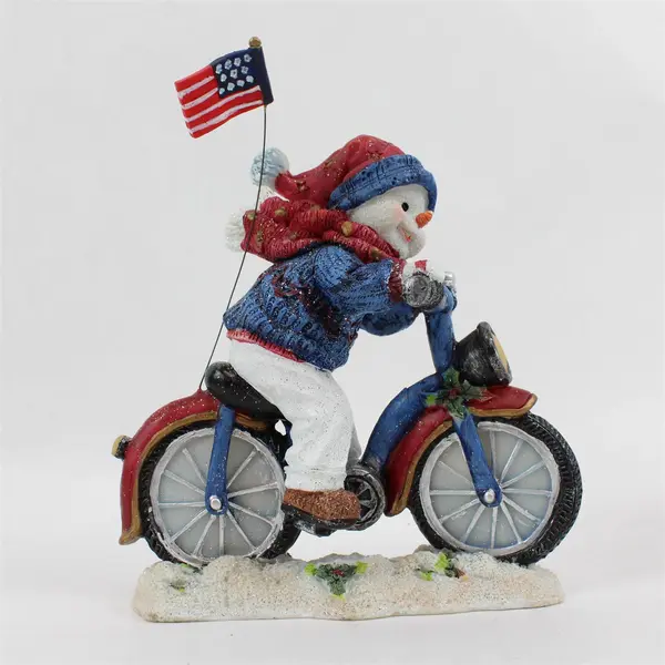 Encore Snowbuddies Snowman on Bicycle w/American Flag Holiday Figurine