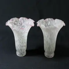 Lot of 2 Replacement Lily Shaped Lamp Globes White Speckled With Pink rims