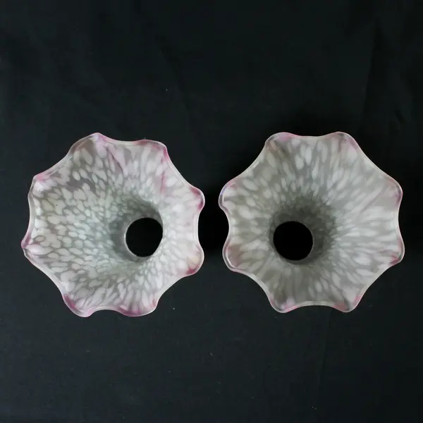 Lot of 2 Replacement Lily Shaped Lamp Globes White Speckled With Pink rims