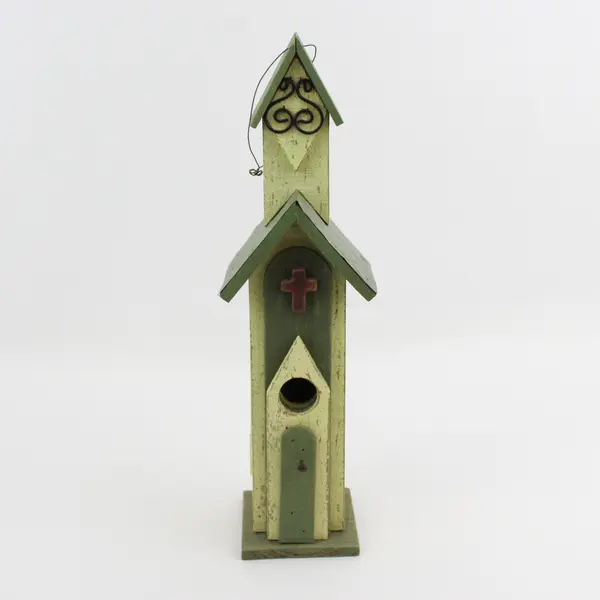Primitive Wood Church Style Bird House 16" Green And Yellow