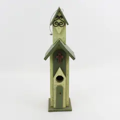 Primitive Wood Church Style Bird House 16" Green And Yellow