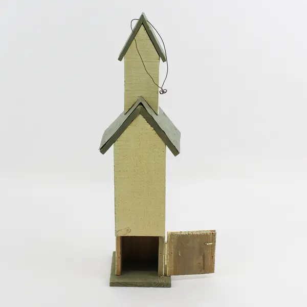Primitive Wood Church Style Bird House 16" Green And Yellow
