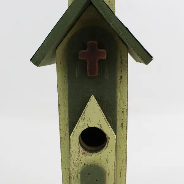 Primitive Wood Church Style Bird House 16" Green And Yellow
