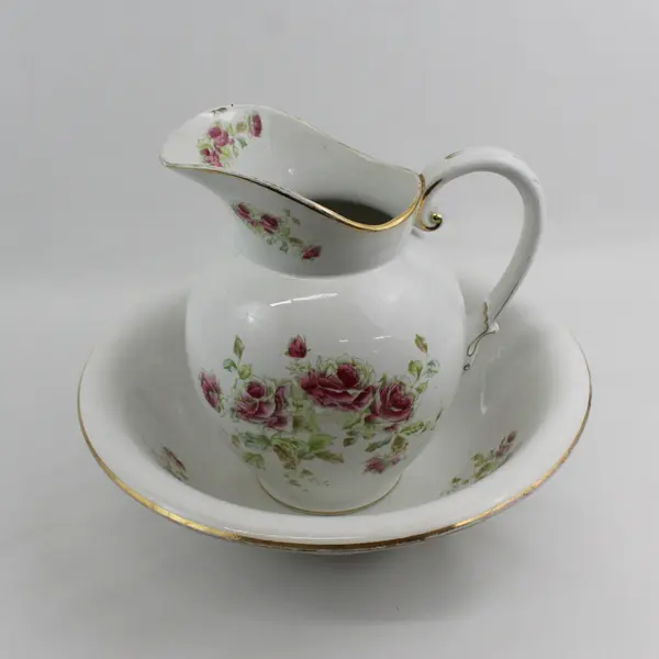 Antique Wheeling Pottery LaBelle Wash Basin And Pitcher Set White Pink roses