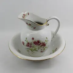 Antique Wheeling Pottery LaBelle Wash Basin And Pitcher Set White Pink roses