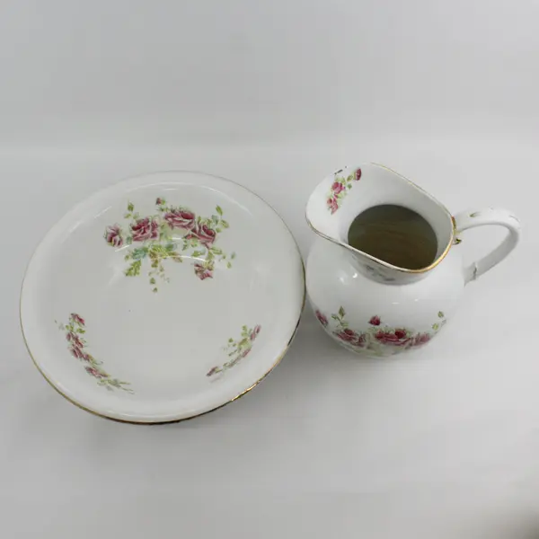 Antique Wheeling Pottery LaBelle Wash Basin And Pitcher Set White Pink roses