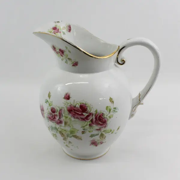 Antique Wheeling Pottery LaBelle Wash Basin And Pitcher Set White Pink roses
