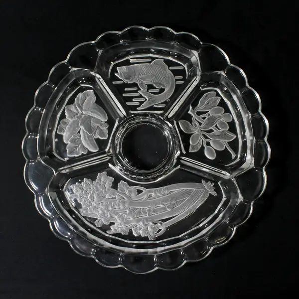 5 Part Crystal Relish Dish 12.5” Round  Etched Fish Olive Celery Pickle