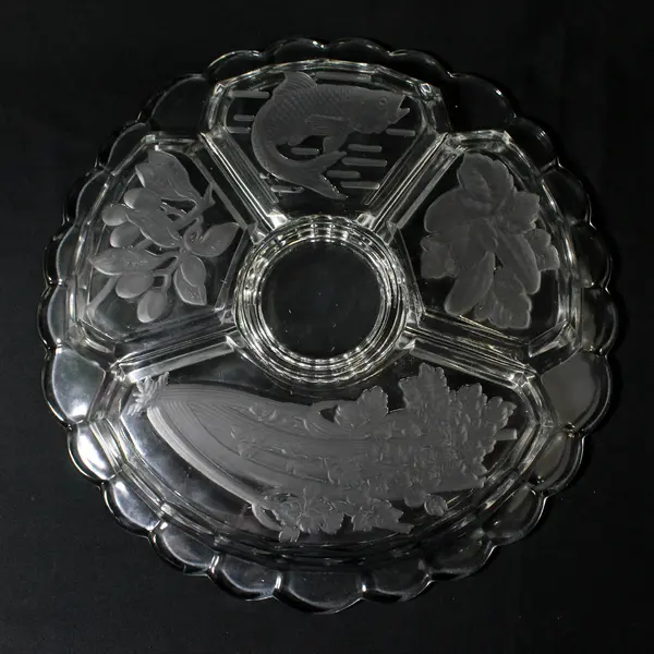 5 Part Crystal Relish Dish 12.5” Round  Etched Fish Olive Celery Pickle