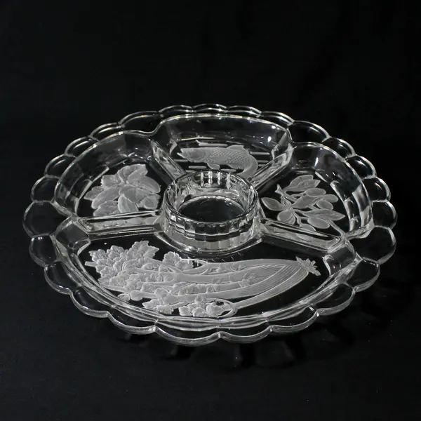 5 Part Crystal Relish Dish 12.5” Round  Etched Fish Olive Celery Pickle