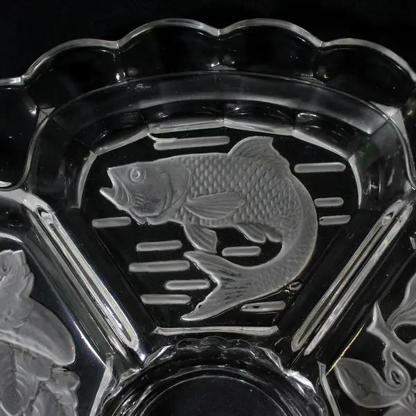 5 Part Crystal Relish Dish 12.5” Round  Etched Fish Olive Celery Pickle
