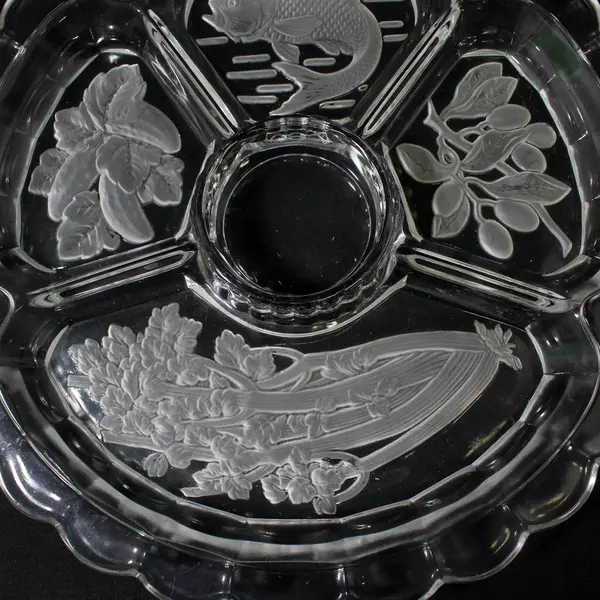 5 Part Crystal Relish Dish 12.5” Round  Etched Fish Olive Celery Pickle