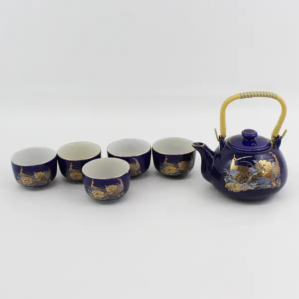 Cobalt Blue Ceramic Teapot With 5 cups Pheasant Pattern Made In Taiwan