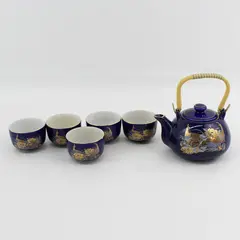 Cobalt Blue Ceramic Teapot With 5 cups Pheasant Pattern Made In Taiwan