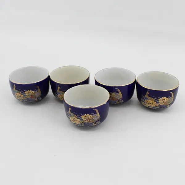 Cobalt Blue Ceramic Teapot With 5 cups Pheasant Pattern Made In Taiwan