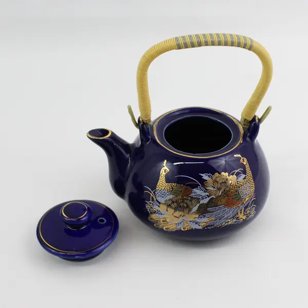 Cobalt Blue Ceramic Teapot With 5 cups Pheasant Pattern Made In Taiwan