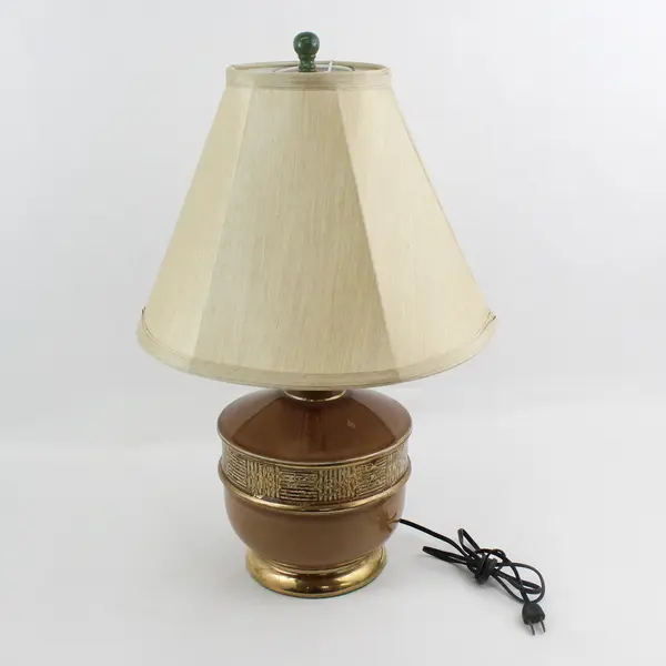Postmodern Ceramic Table Lamp Brown With A Ribbed Panel Pattern And Gold Trim