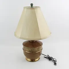 Postmodern Ceramic Table Lamp Brown With A Ribbed Panel Pattern And Gold Trim