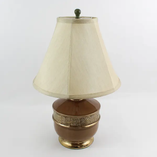 Postmodern Ceramic Table Lamp Brown With A Ribbed Panel Pattern And Gold Trim