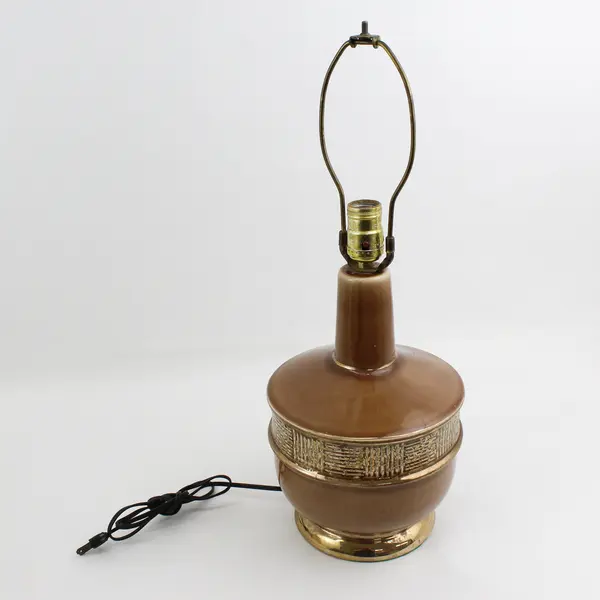 Postmodern Ceramic Table Lamp Brown With A Ribbed Panel Pattern And Gold Trim